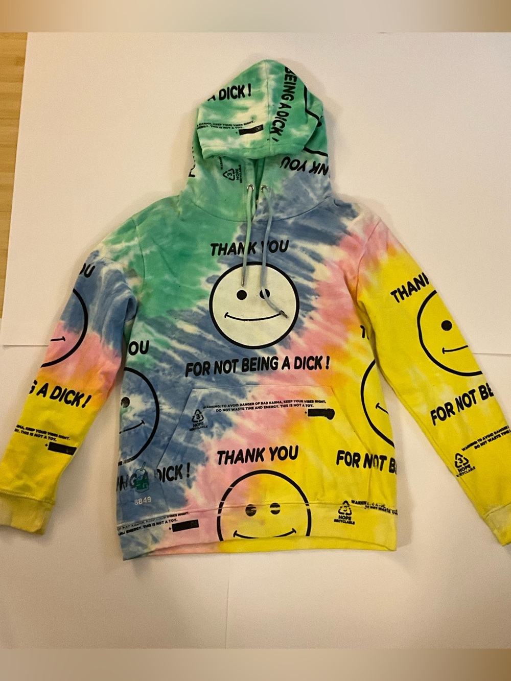 Snow Milk Tie Dye Smiley Face Hoodie Thank You For Not Being A Dick Pastel LARGE - Picture 3 of 6